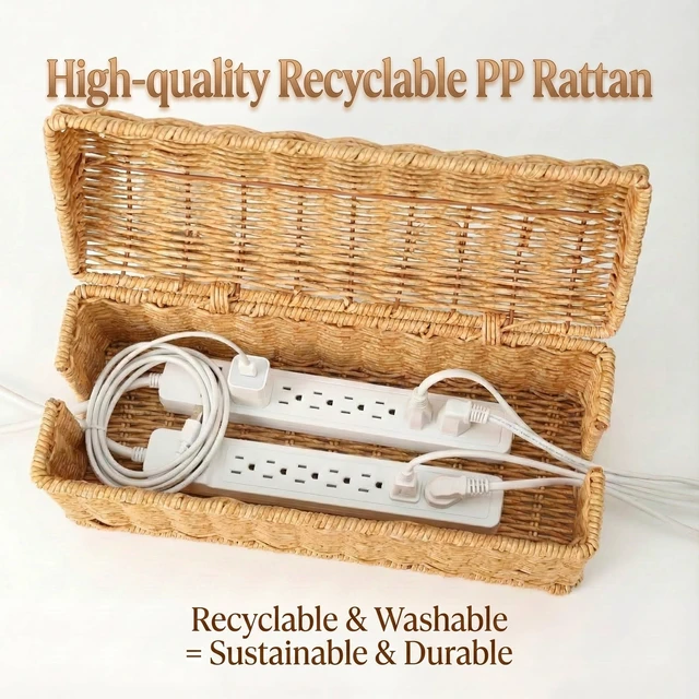 Alt view image 5 of 7 - PP Rattan Cable Management Box to Hide Cords and Power Strip Hand Woven Craft, Ventilated Heat Dissipation, Easy Access Protective Curved Flip Lid, Boho Woven Decor for Home and Office
