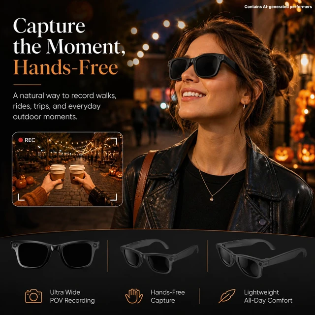 Alt view image 2 of 7 - Smart Glasses with Camera for Travel & POV Video, Black Hands-free POV camera glasses for travel, cycling and daily moments, with Bluetooth audio, calls, translation and WiFi