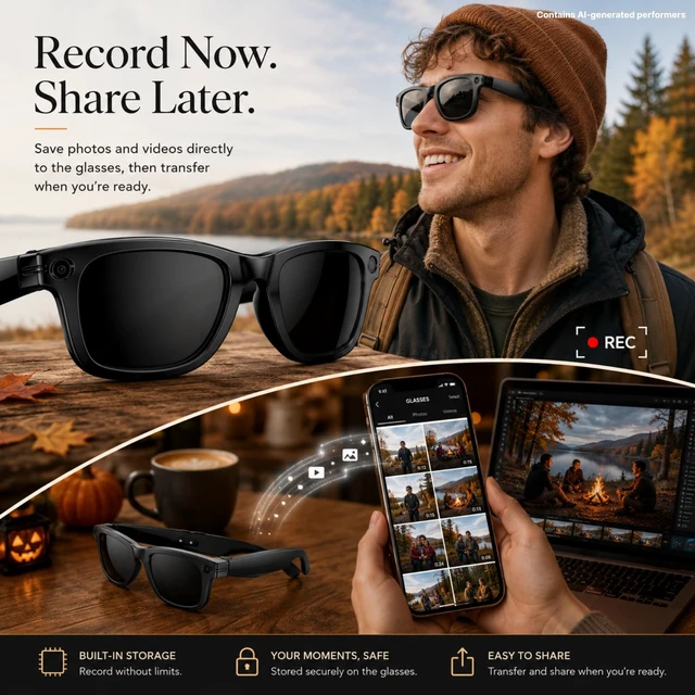 Alt view image 4 of 7 - Smart Glasses with Camera for Travel & POV Video, Black Hands-free POV camera glasses for travel, cycling and daily moments, with Bluetooth audio, calls, translation and WiFi