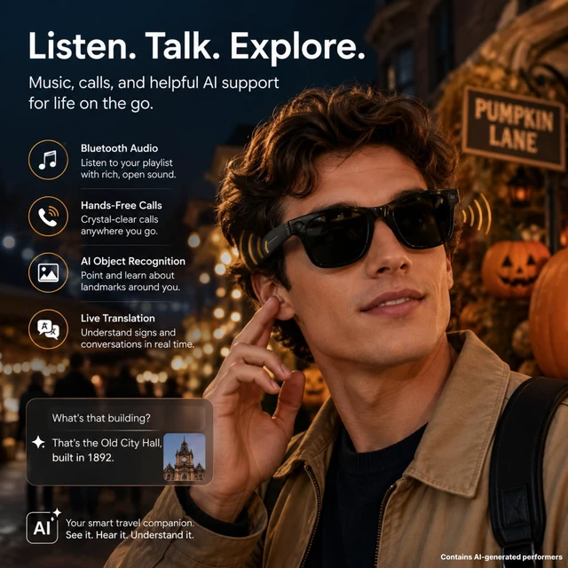 Alt view image 5 of 7 - Smart Glasses with Camera for Travel & POV Video, Black Hands-free POV camera glasses for travel, cycling and daily moments, with Bluetooth audio, calls, translation and WiFi