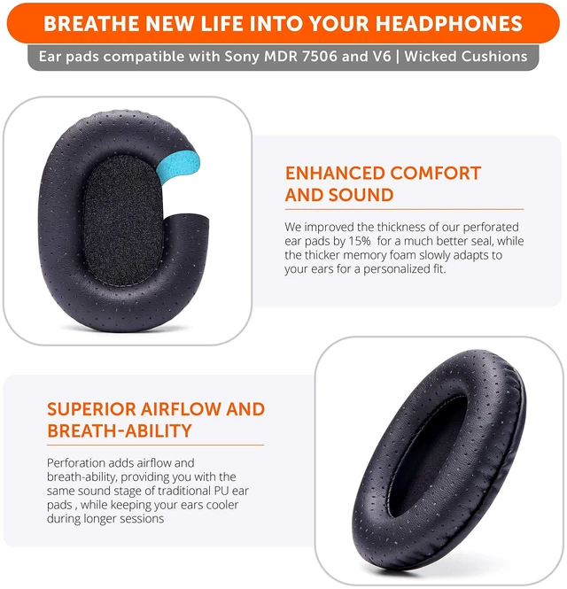 Alt view image 5 of 7 - PadZ MDR7506 - Replacement Ear Pads for Sony MDR 7506 Made by Wicked Cushions Also fits V6 & CD900ST. Softer Leather, Luxurious Memory Foam Airweave Fabric Perforated