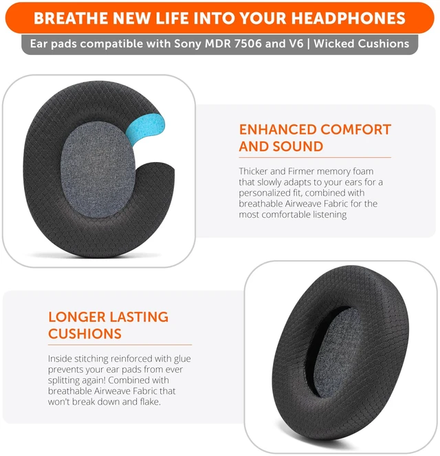 Alt view image 4 of 7 - PadZ MDR7506 - Replacement Ear Pads for Sony MDR 7506 Made by Wicked Cushions Also fits V6 & CD900ST. Softer Leather, Luxurious Memory Foam Airweave Fabric Airweave Black