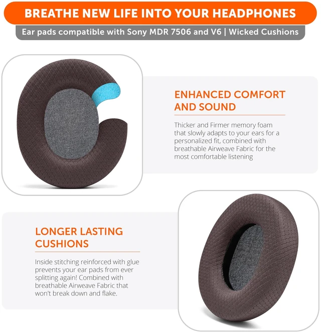 Alt view image 4 of 7 - PadZ MDR7506 - Replacement Ear Pads for Sony MDR 7506 Made by Wicked Cushions Also fits V6 & CD900ST. Softer Leather, Luxurious Memory Foam Airweave Fabric Brown