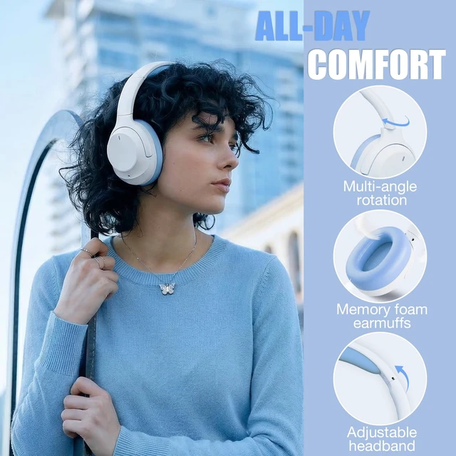 Alt view image 6 of 7 - Upgraded Prolevel Hybrid Active Noise Cancelling Headphones, HD Sound & Big Bass, 2X Softer Comfort, Long ANC Playtime, Wireless Over-Ear Bluetooth Headphones Perfect for Home Office Travel Pair