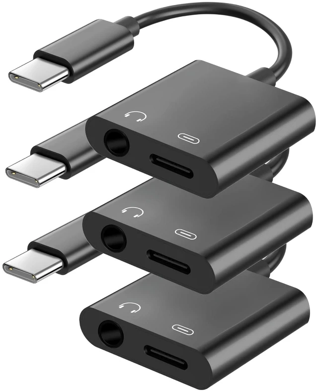 Main image of USB C to 3.5mm Headphone Jack and Charger Adapter, 2-in-1 Audio & Fast Charging Splitter for Apple iPhone 17/16/15/Pro/Pro Max, iPad, Samsung, Pixel, and More 3Pack Black