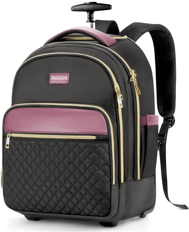 Main image of Rolling Backpack for Women, 15.6 Inch Travel Backpack with Wheels Wheeled Laptop Backpack, Water Resistant Underseat Carry On Luggage, Anti Theft Business Bag for Work College, Black Purple