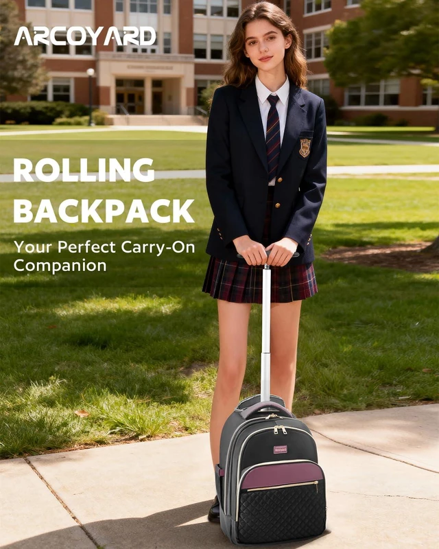 Alt view image 2 of 7 - Rolling Backpack for Women, 15.6 Inch Travel Backpack with Wheels Wheeled Laptop Backpack, Water Resistant Underseat Carry On Luggage, Anti Theft Business Bag for Work College, Black Purple