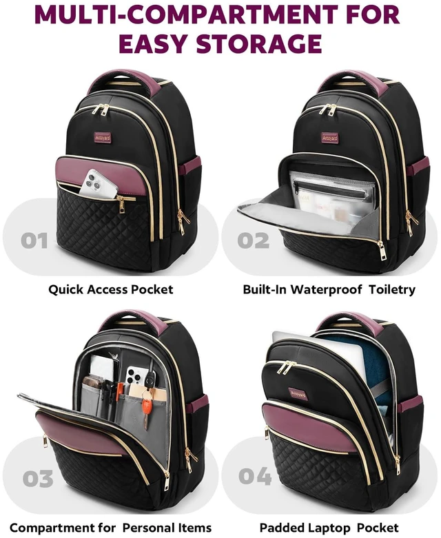 Alt view image 3 of 7 - Rolling Backpack for Women, 15.6 Inch Travel Backpack with Wheels Wheeled Laptop Backpack, Water Resistant Underseat Carry On Luggage, Anti Theft Business Bag for Work College, Black Purple