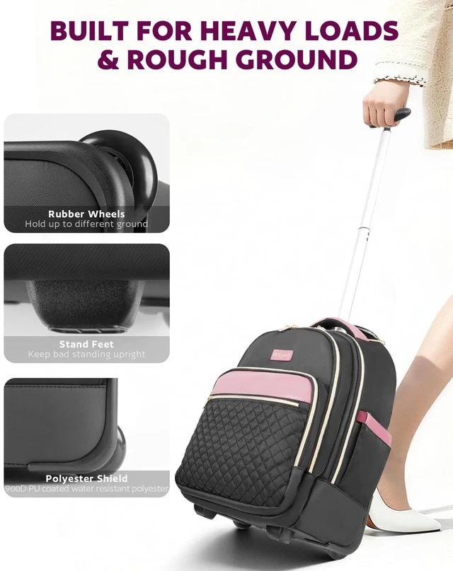 Alt view image 5 of 7 - Rolling Backpack for Women, 15.6 Inch Travel Backpack with Wheels Wheeled Laptop Backpack, Water Resistant Underseat Carry On Luggage, Anti Theft Business Bag for Work College, Black Purple