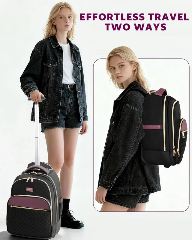 Alt view image 4 of 7 - Rolling Backpack for Women, 15.6 Inch Travel Backpack with Wheels Wheeled Laptop Backpack, Water Resistant Underseat Carry On Luggage, Anti Theft Business Bag for Work College, Black Purple