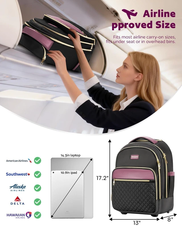 Alt view image 6 of 7 - Rolling Backpack for Women, 15.6 Inch Travel Backpack with Wheels Wheeled Laptop Backpack, Water Resistant Underseat Carry On Luggage, Anti Theft Business Bag for Work College, Black Purple