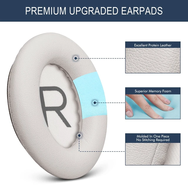 Alt view image 3 of 7 - Ear Pads Replacement for Bose QuietComfort 45 (QC45) - Earpad Cushions for QuietComfort SE (QC SE) Wireless Over-Ear Headphones with Premium Protein Leather Noise Isolation Memory Foam (White)