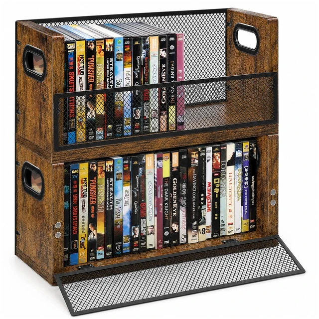 Main image of DVD Storage Rack 2 Pack, Stackable Media Shelf with Magnetic Door Holds 56 DVD Cases, Blu Ray Video Game Storage Shelf, CD Holder, Desktop Tower of Easy Access, Media Organizer