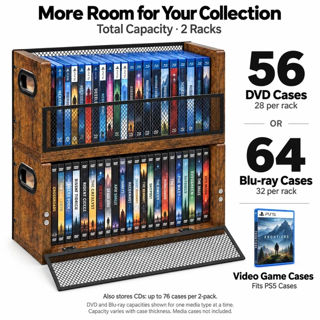 Alt view image 5 of 7 - DVD Storage Rack 2 Pack, Stackable Media Shelf with Magnetic Door Holds 56 DVD Cases, Blu Ray Video Game Storage Shelf, CD Holder, Desktop Tower of Easy Access, Media Organizer