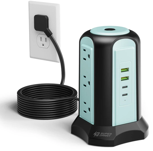 Main image of Power Strip Tower, Desktop Charging Station,10 Ft Extension Cord 1080J Surge Protector, 9 Outlets 4 USB (2 USB C), Flat Plug Power Tower with Multiple Outlets, Home, Office, Dorm