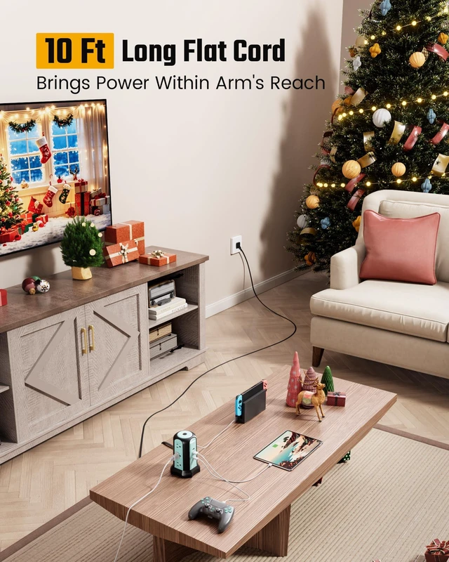 Alt view image 2 of 7 - Power Strip Tower, Desktop Charging Station,10 Ft Extension Cord 1080J Surge Protector, 9 Outlets 4 USB (2 USB C), Flat Plug Power Tower with Multiple Outlets, Home, Office, Dorm
