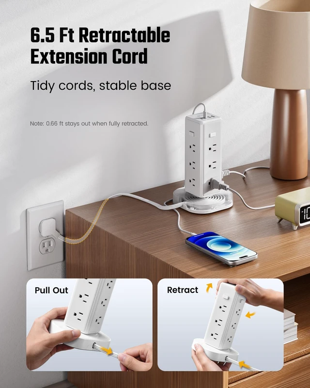 Alt view image 3 of 7 - Tower Power Strip Surge Protector, Retractable Extension Cord 4 Individual Switches, 12 AC 4 USB (2 USB C), 1050J, Flat Plug, 6.5Ft Flat Cord, Desk Charging Station for Home Office Dorm