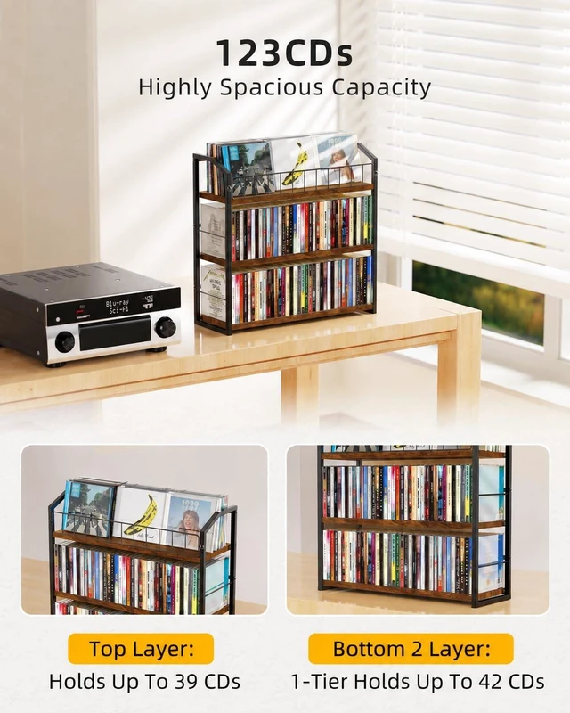 Alt view image 2 of 7 - CD Storage Rack, 3 Tier CD holder with Display Rack, 123 Capacity-Natural Versatile CD organizer works for DVD storage, books and other media items, keeping jewel cases neat and accessible