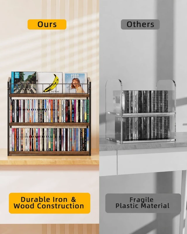 Alt view image 3 of 7 - CD Storage Rack, 3 Tier CD holder with Display Rack, 123 Capacity-Natural Versatile CD organizer works for DVD storage, books and other media items, keeping jewel cases neat and accessible