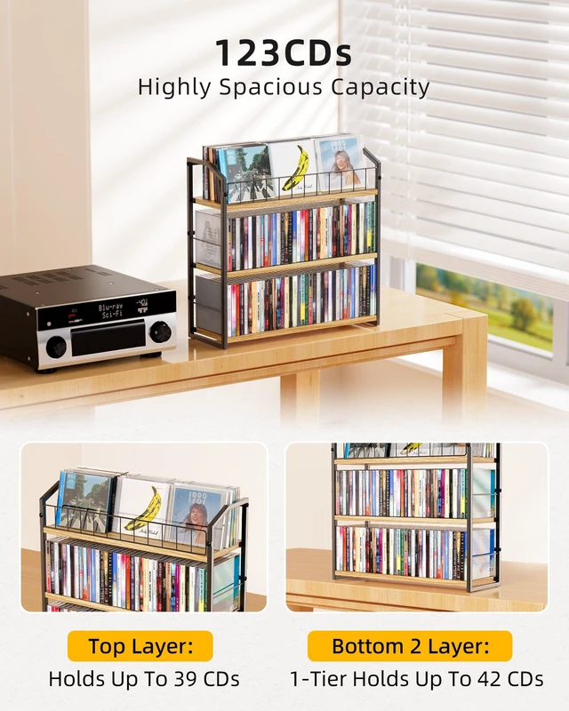 Alt view image 5 of 7 - CD Storage Rack, 3 Tier CD holder with Display Rack, 123 Capacity-Natural Versatile CD organizer works for DVD storage, books and other media items, keeping jewel cases neat and accessible