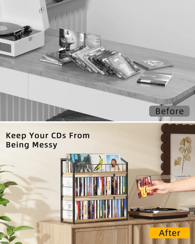 Alt view image 6 of 7 - CD Storage Rack, 3 Tier CD holder with Display Rack, 123 Capacity-Natural Versatile CD organizer works for DVD storage, books and other media items, keeping jewel cases neat and accessible