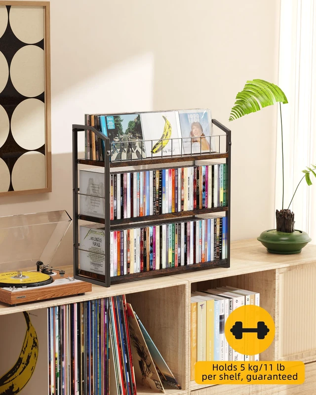 Alt view image 2 of 7 - CD Storage Rack, 3 Tier CD holder with Display Rack, Holds 123 Cases-Walnut Versatile CD organizer works for DVD storage, books and other media items, keeping jewel cases neat and accessible