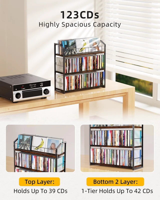 Alt view image 3 of 7 - CD Storage Rack, 3 Tier CD holder with Display Rack, Holds 123 Cases-Walnut Versatile CD organizer works for DVD storage, books and other media items, keeping jewel cases neat and accessible