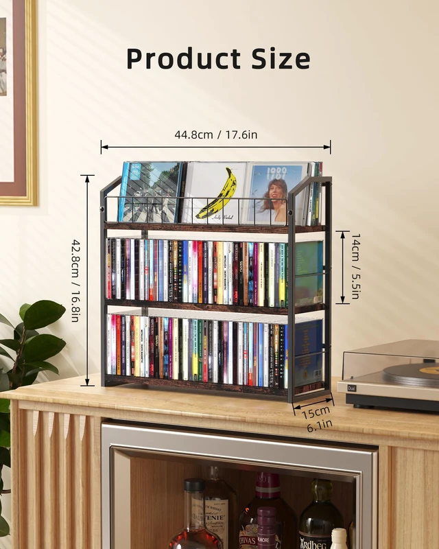 Alt view image 4 of 7 - CD Storage Rack, 3 Tier CD holder with Display Rack, Holds 123 Cases-Walnut Versatile CD organizer works for DVD storage, books and other media items, keeping jewel cases neat and accessible