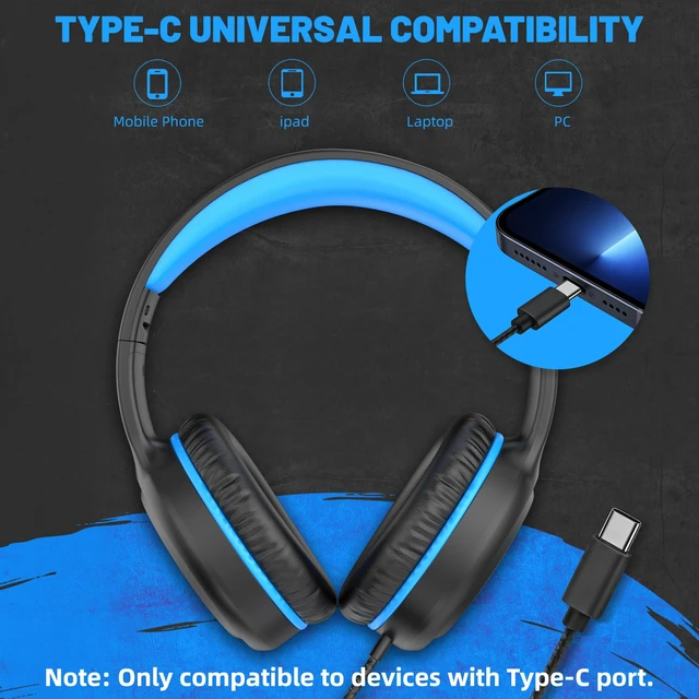Alt view image 3 of 7 - U2C Wired Headphones with Type C Cable for Boys Girls Kids School USB-C Headp hones Lightweight Portable Compatible with Pad Phone for Youth Adults Student Children Black Blue