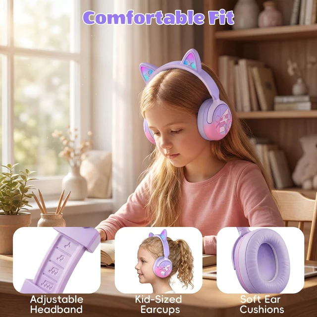 Alt view image 7 of 7 - Kids Bluetooth Headphones with LED Cat Ears, 85dB Limit, Purple Active noise cancelling, 40-hour playtime, Bluetooth 6.0, Fast charging, Built-in mic, Compatible with iPad and tablets