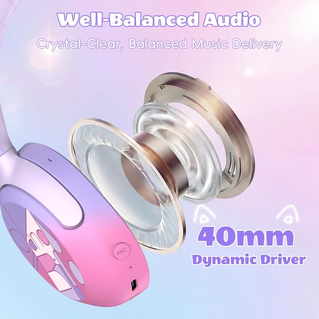 Alt view image 6 of 7 - Kids Bluetooth Headphones with LED Cat Ears, 85dB Limit, Purple Active noise cancelling, 40-hour playtime, Bluetooth 6.0, Fast charging, Built-in mic, Compatible with iPad and tablets