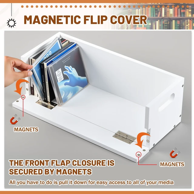 Alt view image 3 of 7 - 1 Set Wooden CD Storage Box, Holds 36 Standard CDs Stackable CD Holder Organizer with Magnetic Front Flap and Carrying Handles for DVDs, Cassette Tapes and Movie Cases (White)