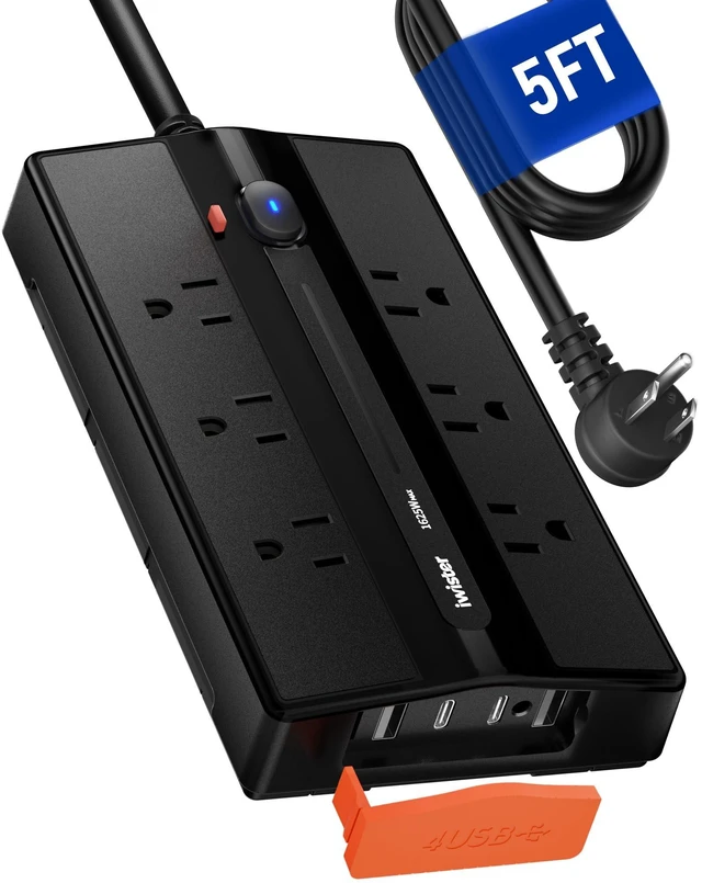 Main image of Outdoor Power Strip Weatherproof, 6 Outlet 4 USB 5FT Extension Cord Wide Spaced Outlets for Bulky Plugs, IPX6 Waterproof, 1625W/13A, 2 USB C & 2 USB A, Wall Mount for Patio,Home, UL Listed
