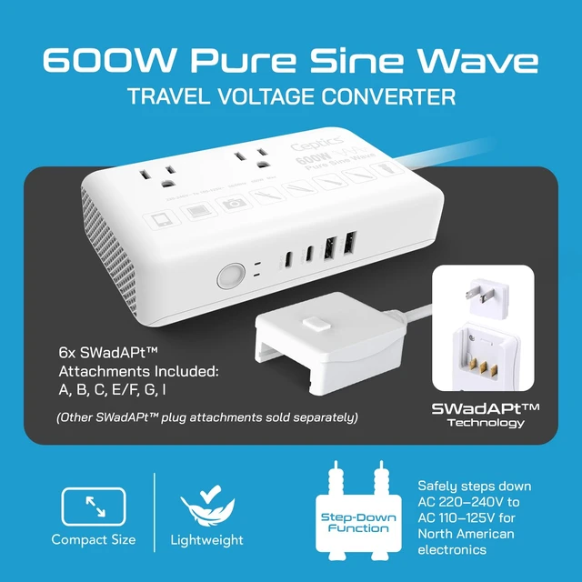 Alt view image 7 of 7 - 600W Pure Sine Wave 220v to 110v Converter, Step Down Voltage Converter us to Europe, 6 Plug attachments and 4 USB Ports (35W max), Perfect for Hair dryers, Straighteners and Curling Irons