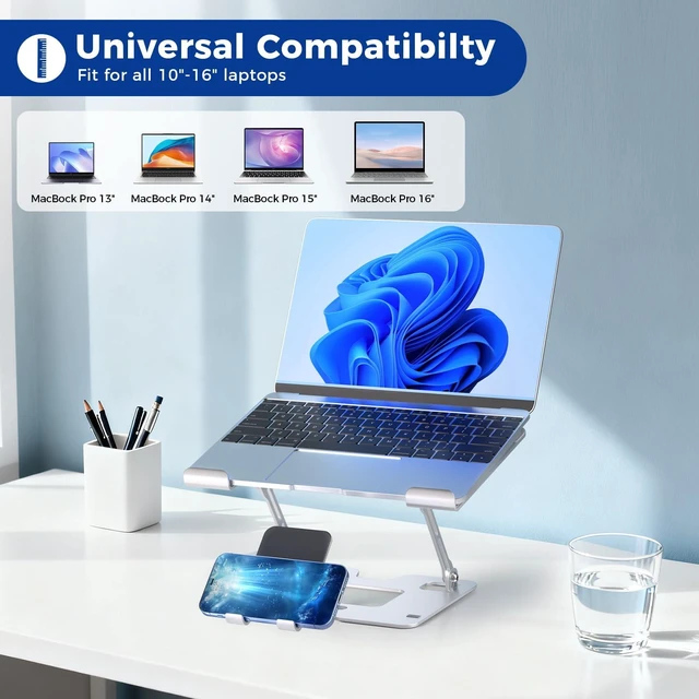 Alt view image 7 of 7 - Ergonomic 2-in-1 Laptop Phone Stand for Desk, Adjustable Riser, Sturdy and Portable, Fits All Laptops and PhoneWhite
