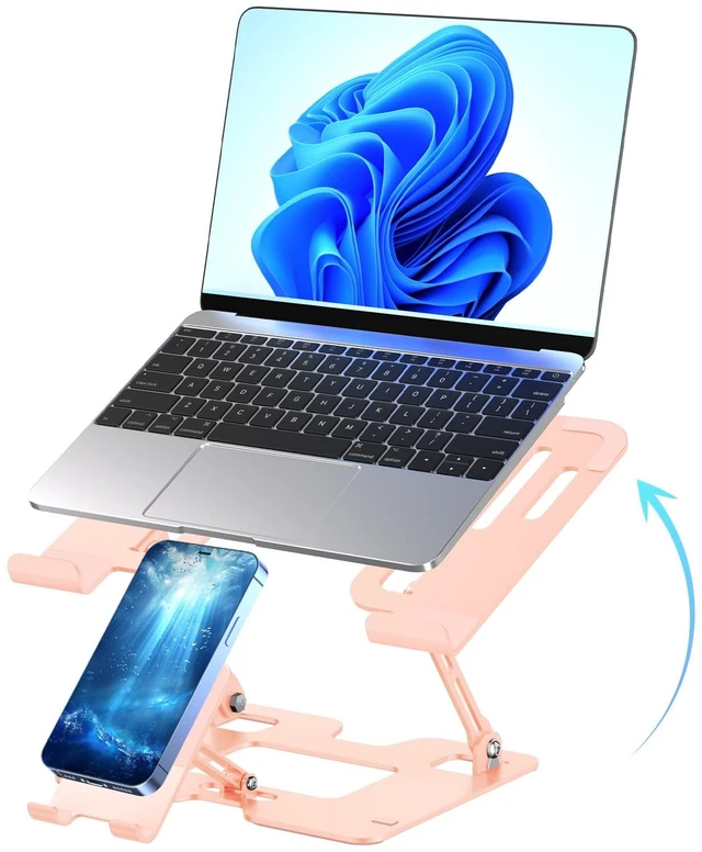 Main image of Ergonomic 2-in-1 Laptop Phone Stand for Desk, Pink Laptop Stand Adjustable Riser, Sturdy and Portable, Fits All Laptops and Phone (Pink)
