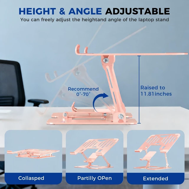 Alt view image 3 of 7 - Ergonomic 2-in-1 Laptop Phone Stand for Desk, Pink Laptop Stand Adjustable Riser, Sturdy and Portable, Fits All Laptops and Phone (Pink)