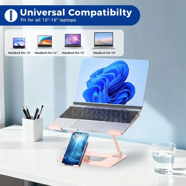 Alt view image 7 of 7 - Ergonomic 2-in-1 Laptop Phone Stand for Desk, Pink Laptop Stand Adjustable Riser, Sturdy and Portable, Fits All Laptops and Phone (Pink)
