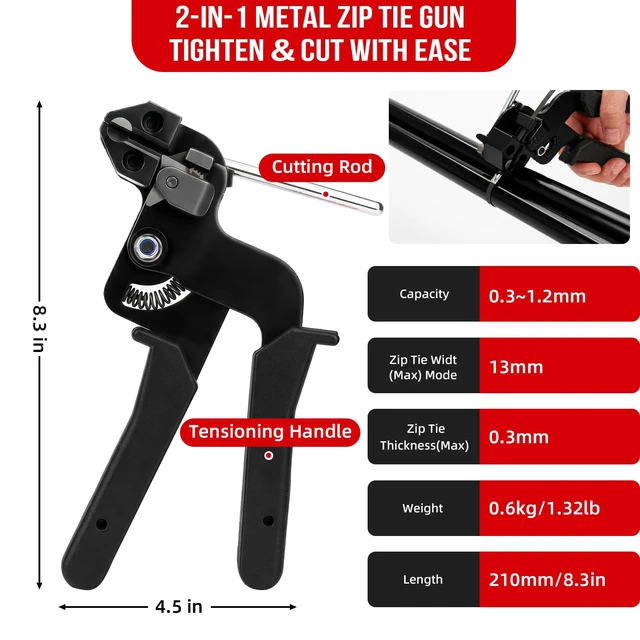Alt view image 2 of 7 - Metal Zip Ties Gun Set, 200Pcs Stainless Steel Cable Ties, Black Heavy Duty Stainless Steel Cable Tie Gun Kit with 8 inch & 12 Inch Zip Ties for Chain Link Fence, Chicken Coop, Exhaust Pipes