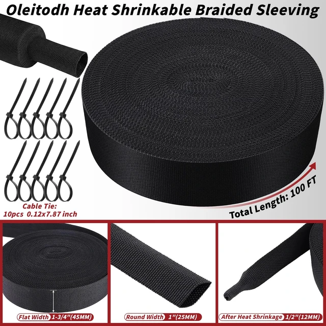 Alt view image 2 of 7 - 100 ft 1 in 2:1 Heat Shrink Braided Sleeving, Black Abrasion-resistant polyolefin and polyester sleeve for automotive wiring harness protection and cable management