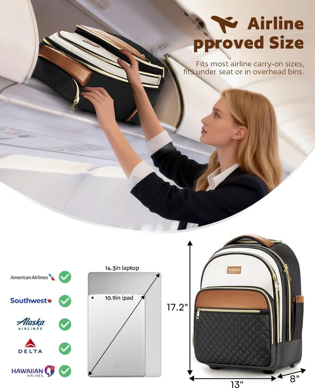 Alt view image 4 of 7 - Rolling Backpack for Women, 15.6 Inch Travel Backpack with Wheels Wheeled Laptop Backpack, Water Resistant Underseat Carry On Luggage, Anti Theft Business Bag for Work College, Beige Brown