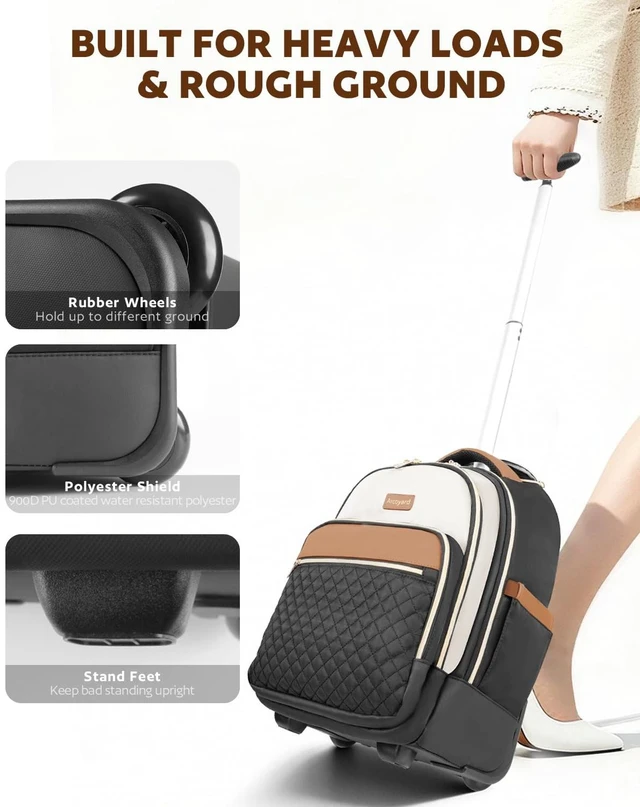Alt view image 6 of 7 - Rolling Backpack for Women, 15.6 Inch Travel Backpack with Wheels Wheeled Laptop Backpack, Water Resistant Underseat Carry On Luggage, Anti Theft Business Bag for Work College, Beige Brown