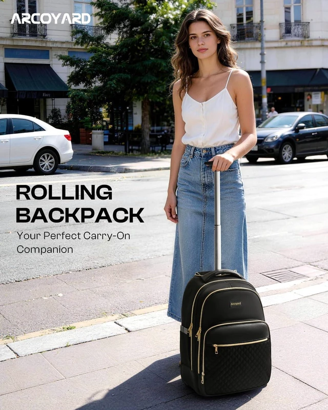 Alt view image 2 of 7 - Rolling Backpack for Women, 17.3 Inch Travel Backpack with Wheels Wheeled Laptop Backpack, Water Resistant Carry On Luggage, Anti Theft Business Bag for Work College, Black