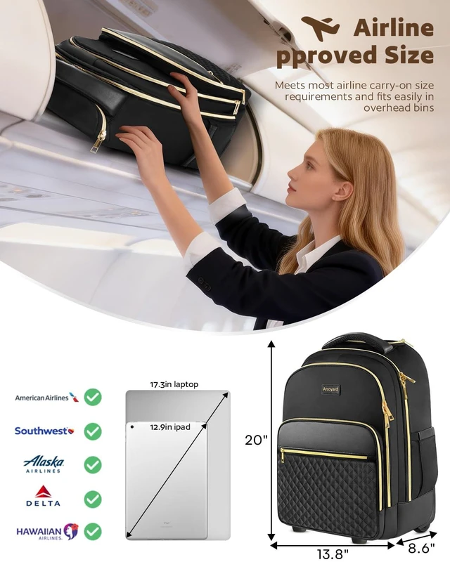 Alt view image 6 of 7 - Rolling Backpack for Women, 17.3 Inch Travel Backpack with Wheels Wheeled Laptop Backpack, Water Resistant Carry On Luggage, Anti Theft Business Bag for Work College, Black