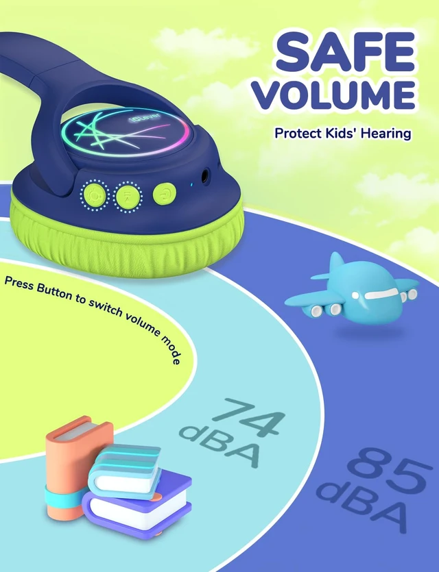 Alt view image 2 of 7 - BTH18 Kids Bluetooth Headphones LED Lights for Toddler Boys Girls SafeSound Tech, 43H Playtime Stereo Sound, USB C Charging AUX Cable, Over Ear Kids Headphones Wireless for iPad/Tablet/Travel