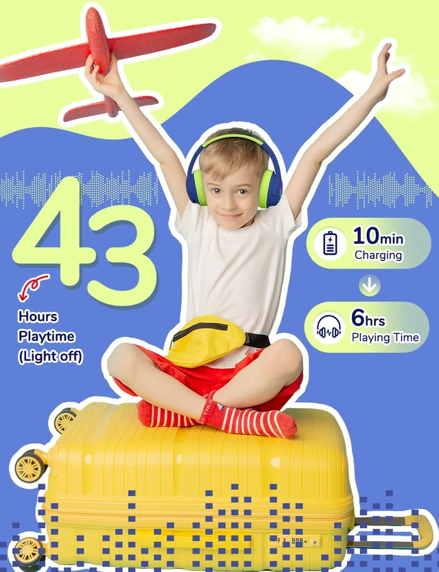 Alt view image 4 of 7 - BTH18 Kids Bluetooth Headphones LED Lights for Toddler Boys Girls SafeSound Tech, 43H Playtime Stereo Sound, USB C Charging AUX Cable, Over Ear Kids Headphones Wireless for iPad/Tablet/Travel