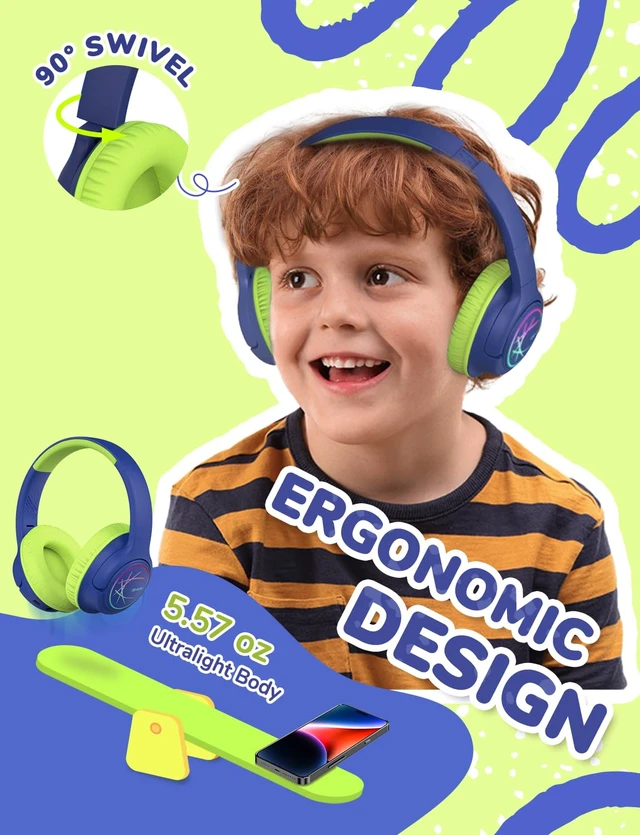 Alt view image 5 of 7 - BTH18 Kids Bluetooth Headphones LED Lights for Toddler Boys Girls SafeSound Tech, 43H Playtime Stereo Sound, USB C Charging AUX Cable, Over Ear Kids Headphones Wireless for iPad/Tablet/Travel
