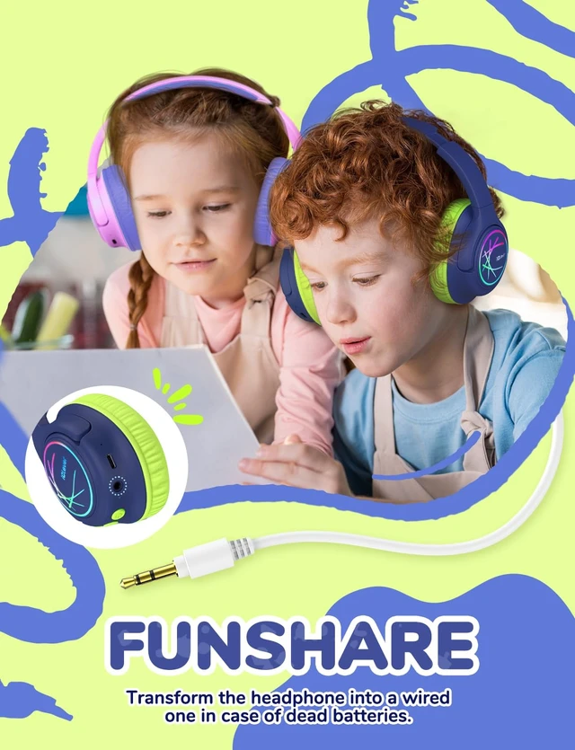 Alt view image 7 of 7 - BTH18 Kids Bluetooth Headphones LED Lights for Toddler Boys Girls SafeSound Tech, 43H Playtime Stereo Sound, USB C Charging AUX Cable, Over Ear Kids Headphones Wireless for iPad/Tablet/Travel