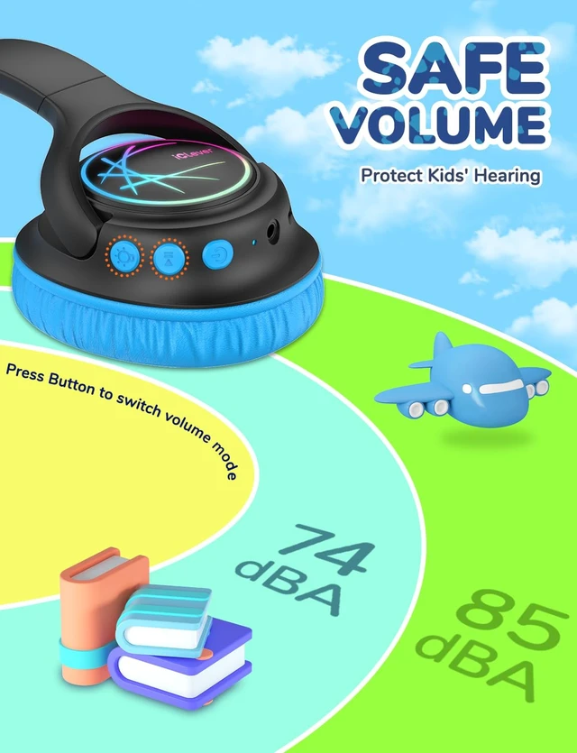 Alt view image 2 of 7 - BTH18 Kids Bluetooth Headphones LED Lights for Toddler Boys Girls SafeSound Tech, 43H Playtime Stereo Sound, USB C Charging AUX Cable, Over Ear Kids Headphones Wireless for iPad/Tablet/Travel