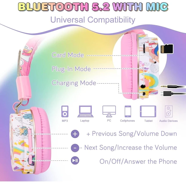 Alt view image 3 of 6 - Unicorn Kids Bluetooth Headphones, 85dB Safe Volume Limit For kids at school, tablet, travel, or airplane use, enjoy wireless mode, mic, Bluetooth 5.2, fast charging, foldable design